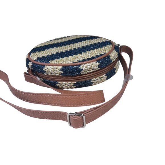 Thirty One Jewell Round Canteen Style Crossbody Purse Tan Navy Striped Straw NWT - Picture 16 of 16